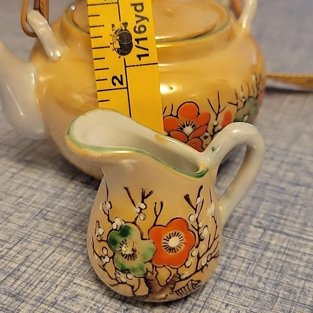 Vintage Japanese Hand Painted Floral Teapot And Pitcher.  Bamboo Handle. - Picture 10 of 10